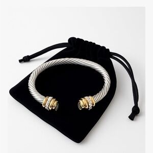 Sculptural Cable Cuff Bracelet — Two-Tone Gold & Silver Crystal Torque Bangle